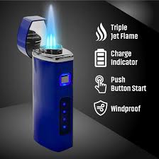 "USB Rechargeable Windproof Turbo Cigar Lighter with 3-Torch Blue Flame"