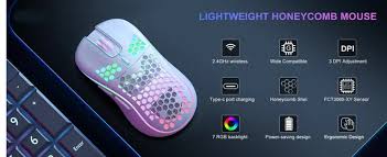 "2.4G Wireless RGB Gaming Mouse, Ergonomic Honeycomb Design, Type C Rechargeable, 6-Button, 3-Speed DPI"