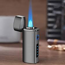 "USB Rechargeable Windproof Turbo Cigar Lighter with 3-Torch Blue Flame"